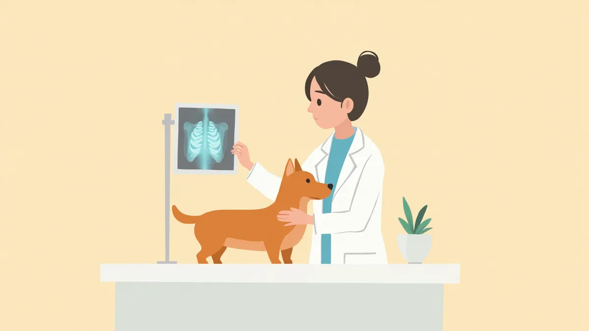 흉부 엑스레이를 확인하는 수의사와 강아지