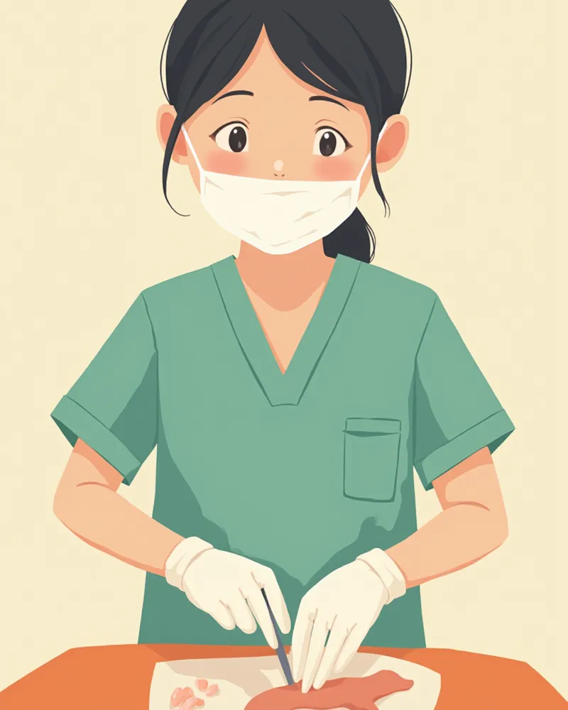 수의사가 멸균 환경에서 림프절 적출 수술을 진행하는 모습