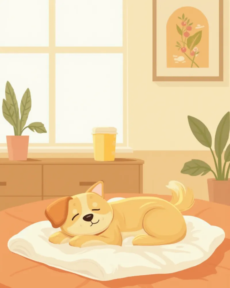 넥카라를 착용하고 집에서 안정을 취하는 강아지