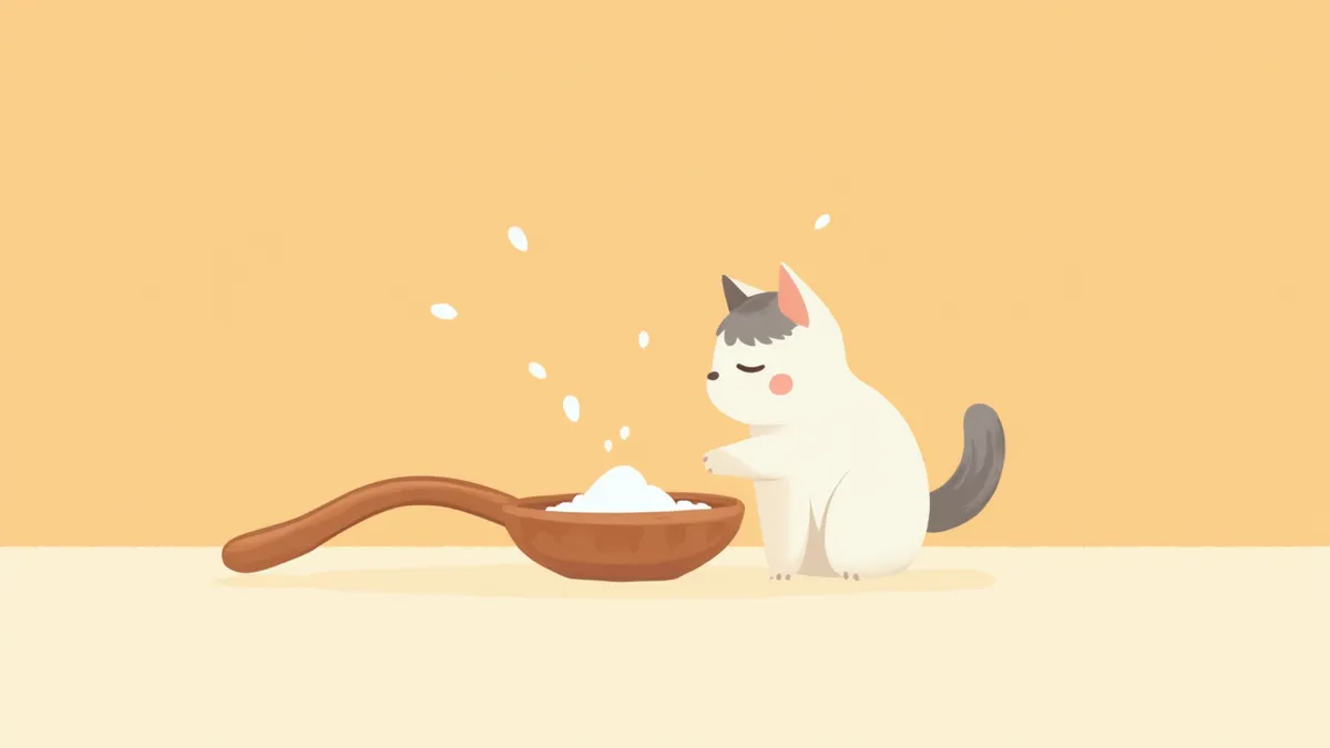 라이신 보충제 분말이 담긴 스푼과 고양이가 지켜보는 모습