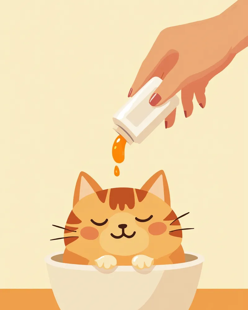 고양이 사료 위에 라이신 젤을 짜서 섞는 모습