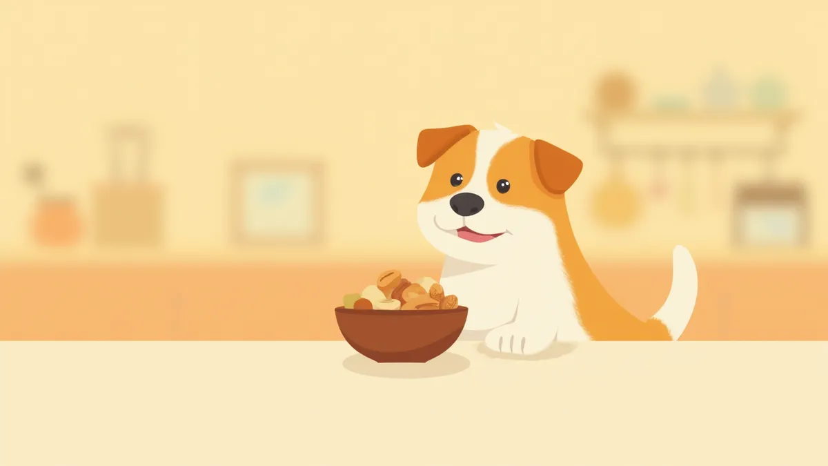 테이블 위 견과류 그릇을 호기심 어린 눈으로 바라보는 강아지