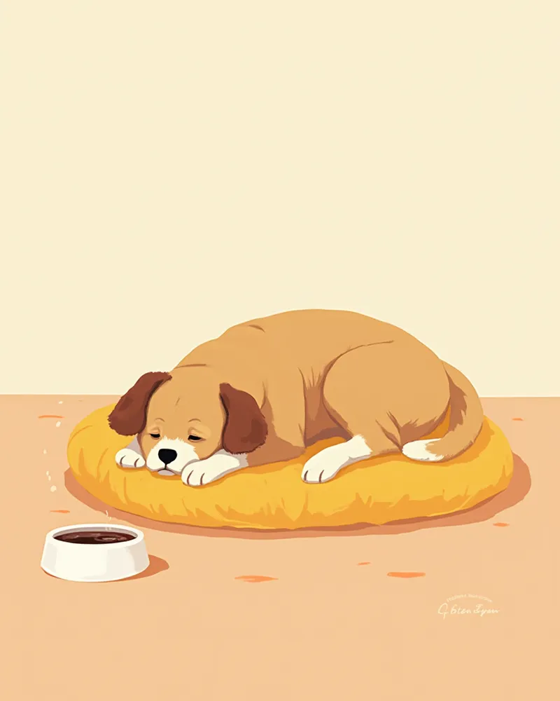 집에서 편안하게 쉬고 있는 회복 중인 강아지와 옆에 놓인 물그릇