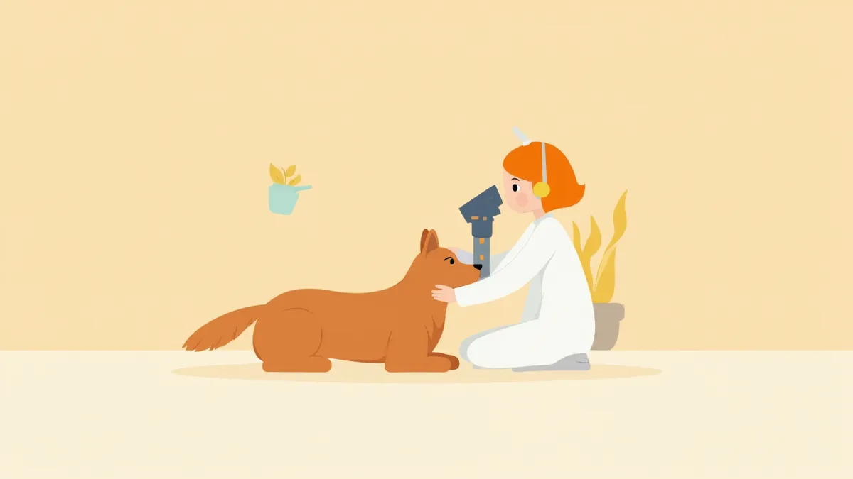 수의사가 강아지의 눈을 세극등으로 검사하는 모습