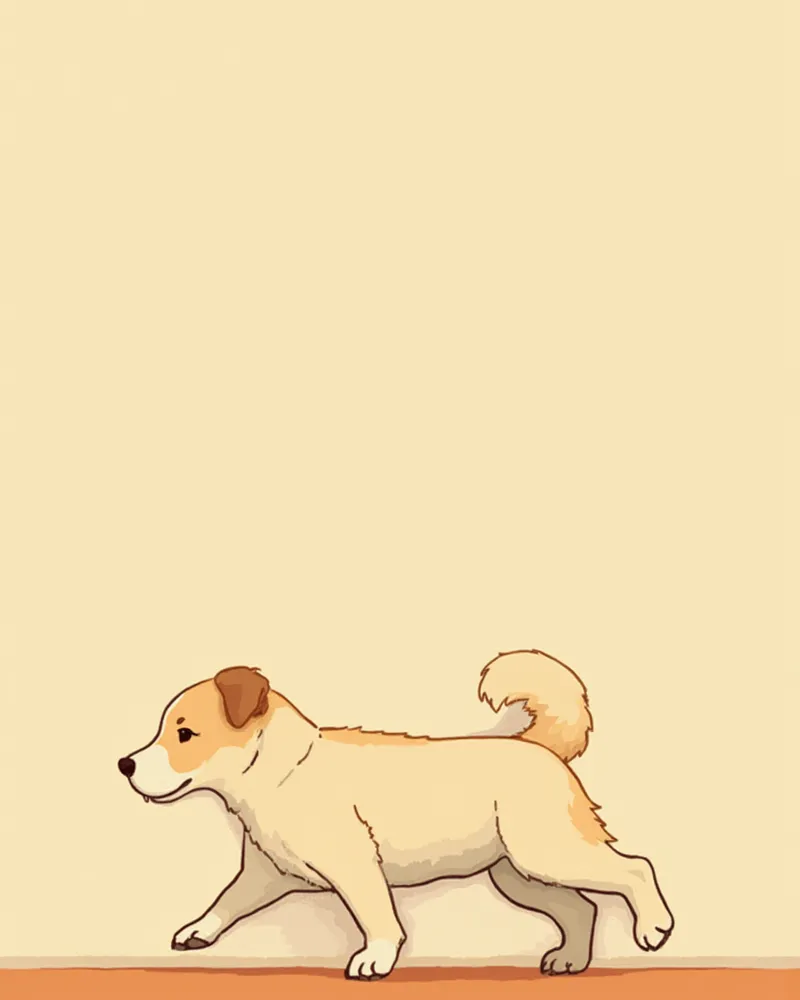 어두운 실내에서 벽을 따라 조심스럽게 걷는 노령견