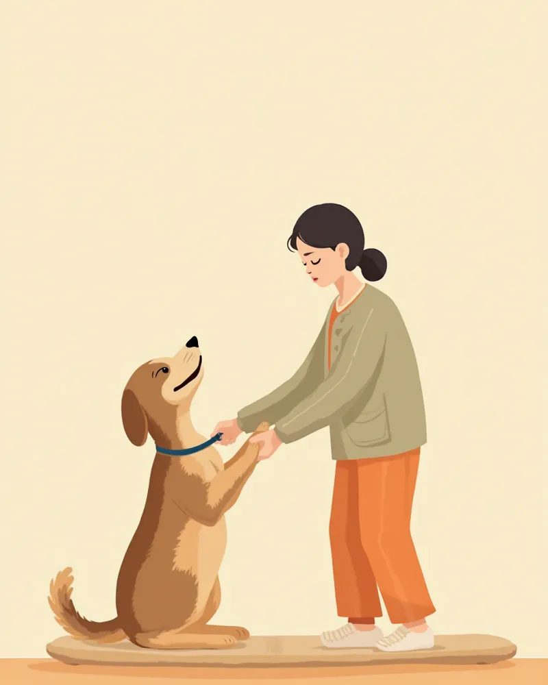 보호자가 시력 잃은 노령견을 안전한 실내 환경에서 돌보는 모습