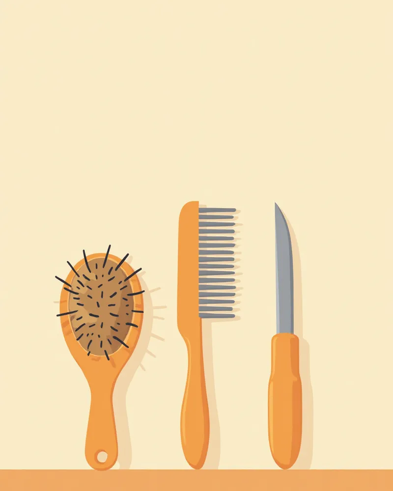 메인쿤 그루밍에 필요한 슬리커 브러시와 메탈 콤 등 빗질 도구