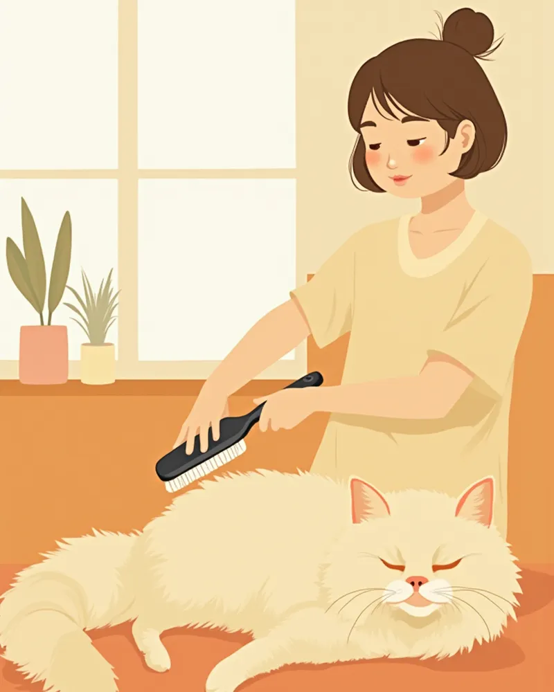 보호자가 메인쿤 고양이를 슬리커 브러시로 빗질하는 모습
