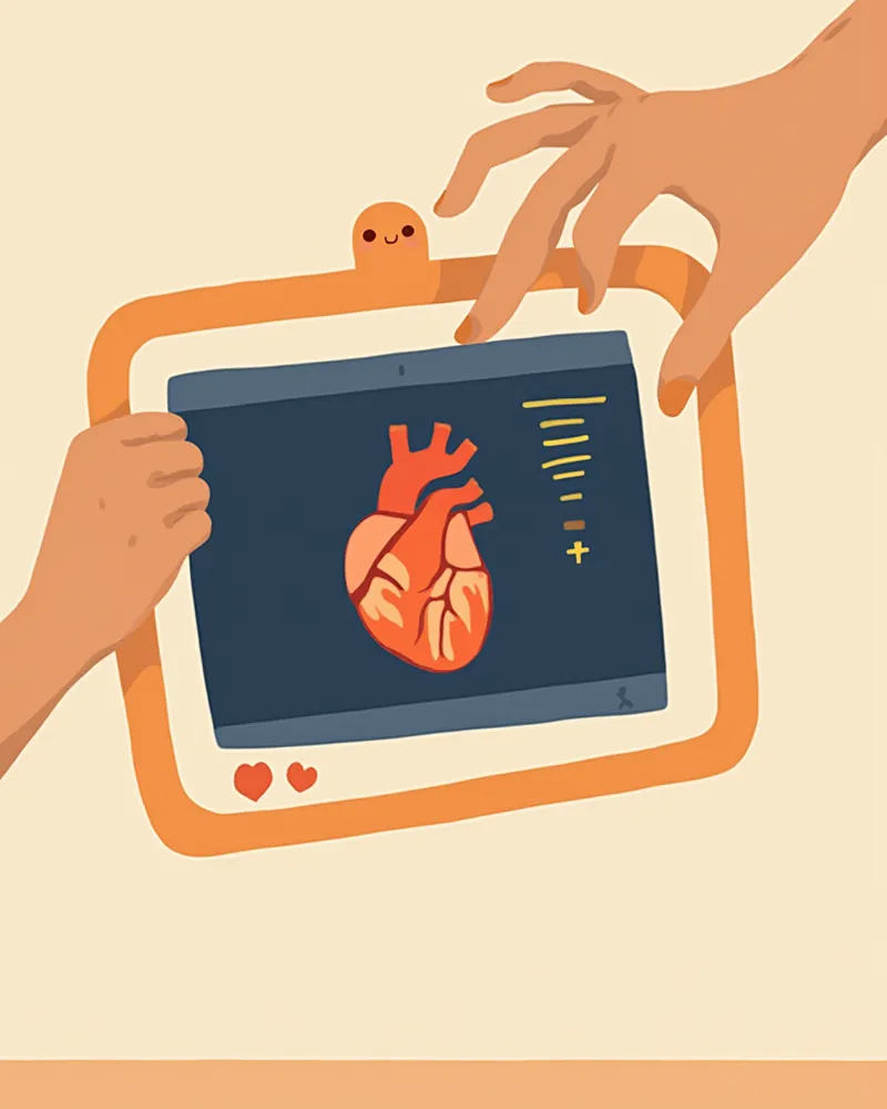 심장초음파 화면과 검진 중인 수의사의 손