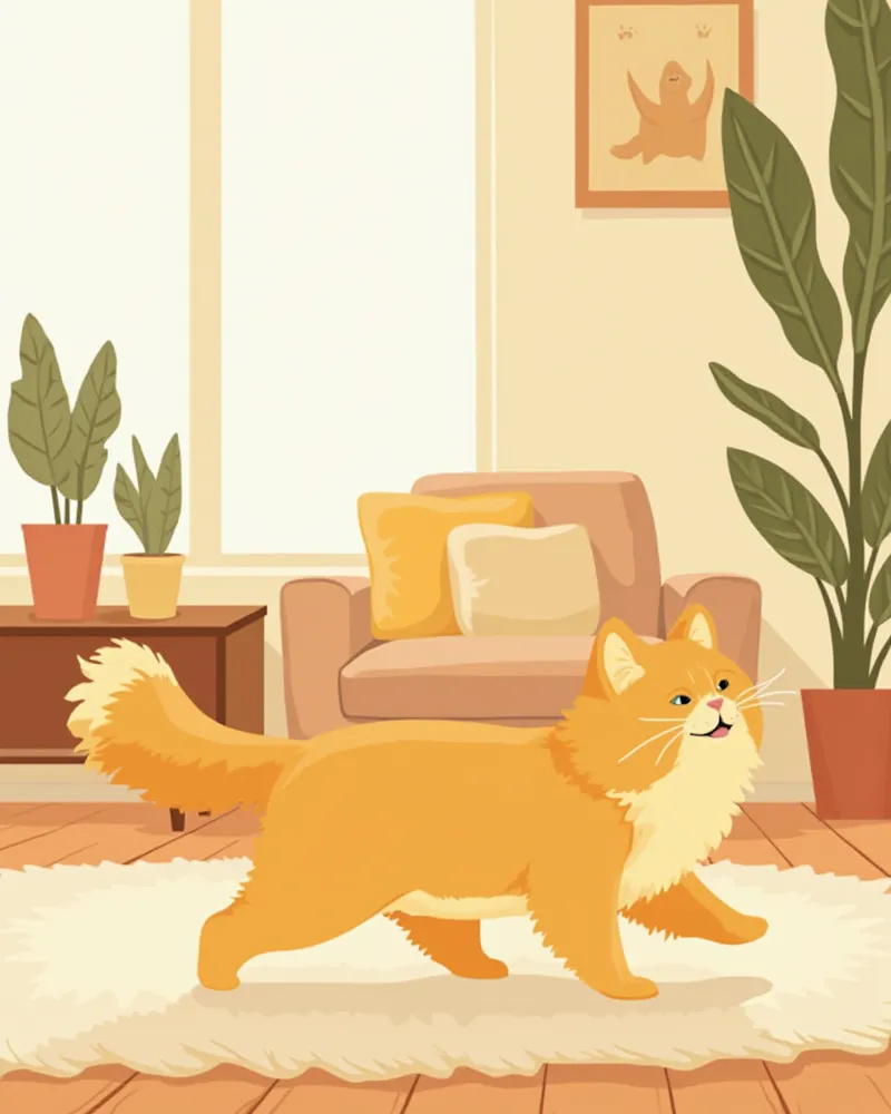 메인쿤 고양이가 거실 바닥을 걷는 모습