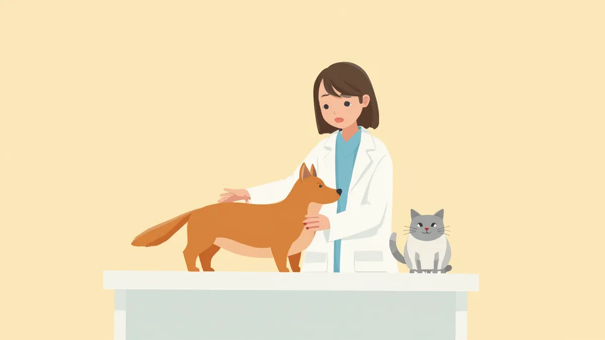 수의사가 마른 강아지와 고양이의 영양 상태를 평가하는 모습