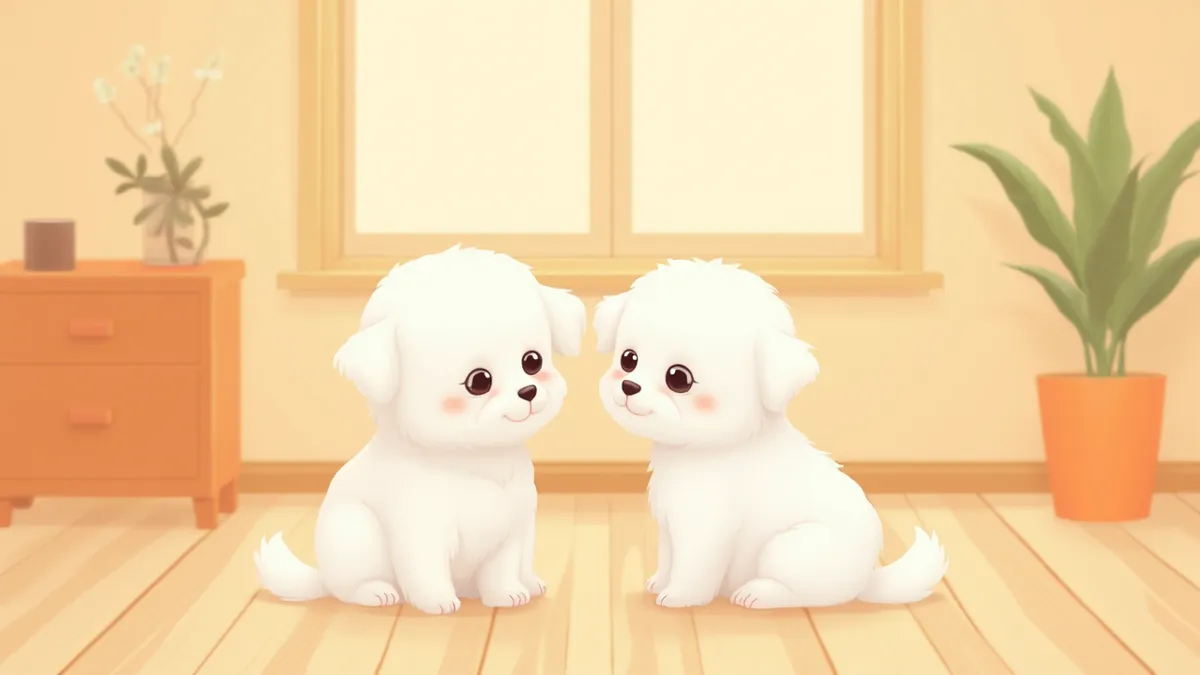 거실에 앉아 있는 말티즈 강아지와 성견