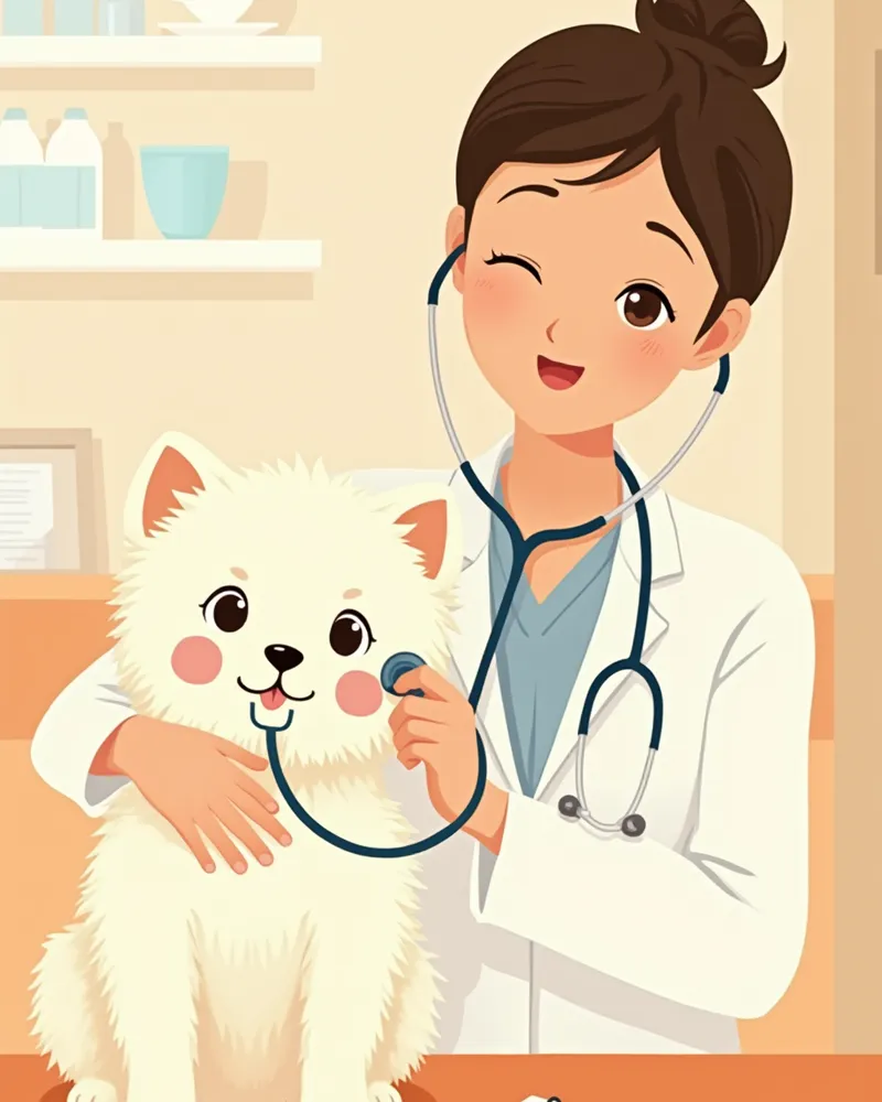 수의사가 청진기로 말티즈 강아지를 진찰하는 모습