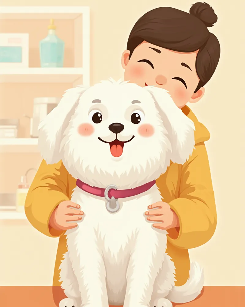 보호자가 안고 있는 노령 말티즈가 검진을 받는 모습