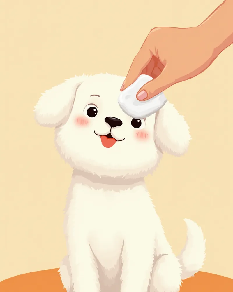 말티즈 강아지의 눈을 조심스럽게 닦아주는 보호자의 손