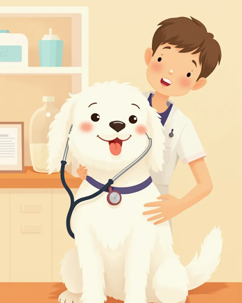 병원에서 청진기로 검사받고 있는 말티즈