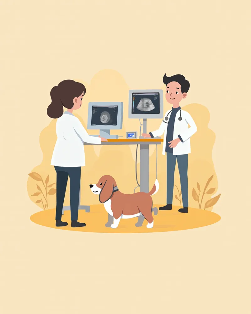 강아지 유방 초음파 검사로 낭종 내부 액체 구조를 확인하는 장면