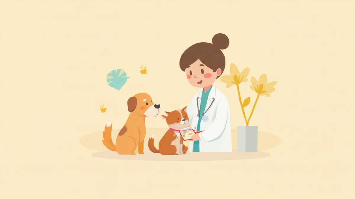 수의사가 강아지와 고양이를 함께 진료하는 일러스트
