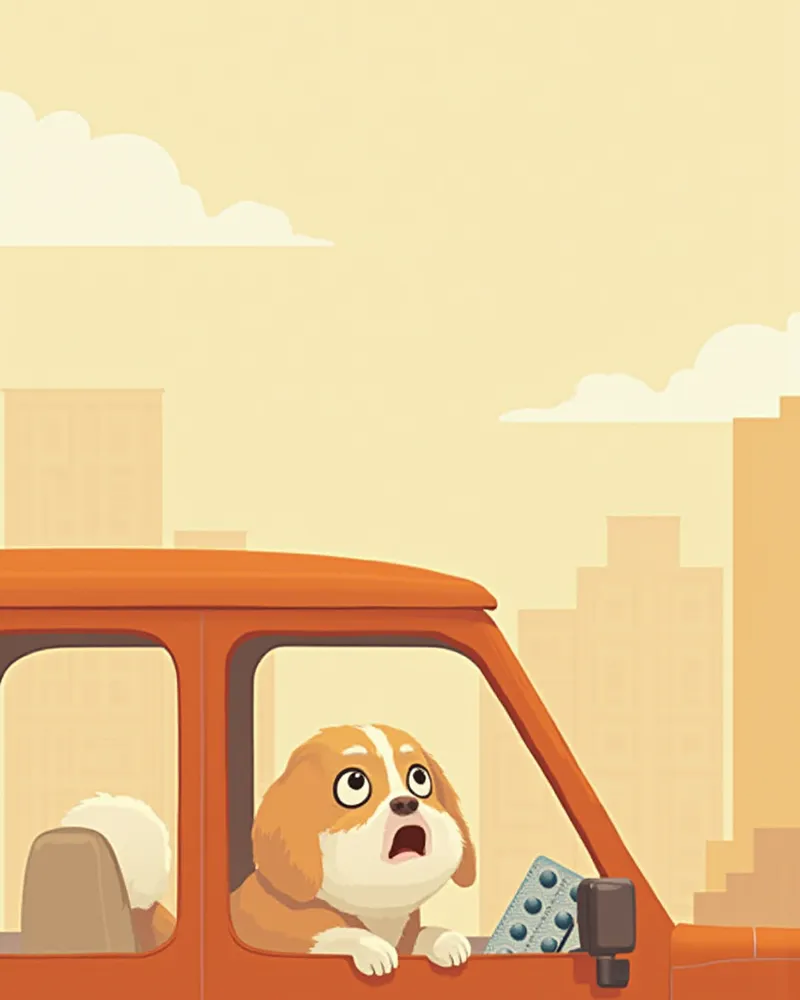 차량 안에서 창밖을 보는 강아지 이미지 — 멀미 예방 상황