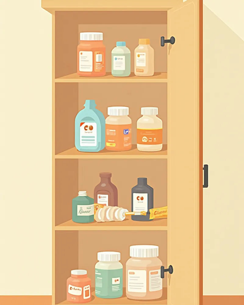 서늘하고 건조한 찬장에 원래 용기로 보관된 반려동물 약