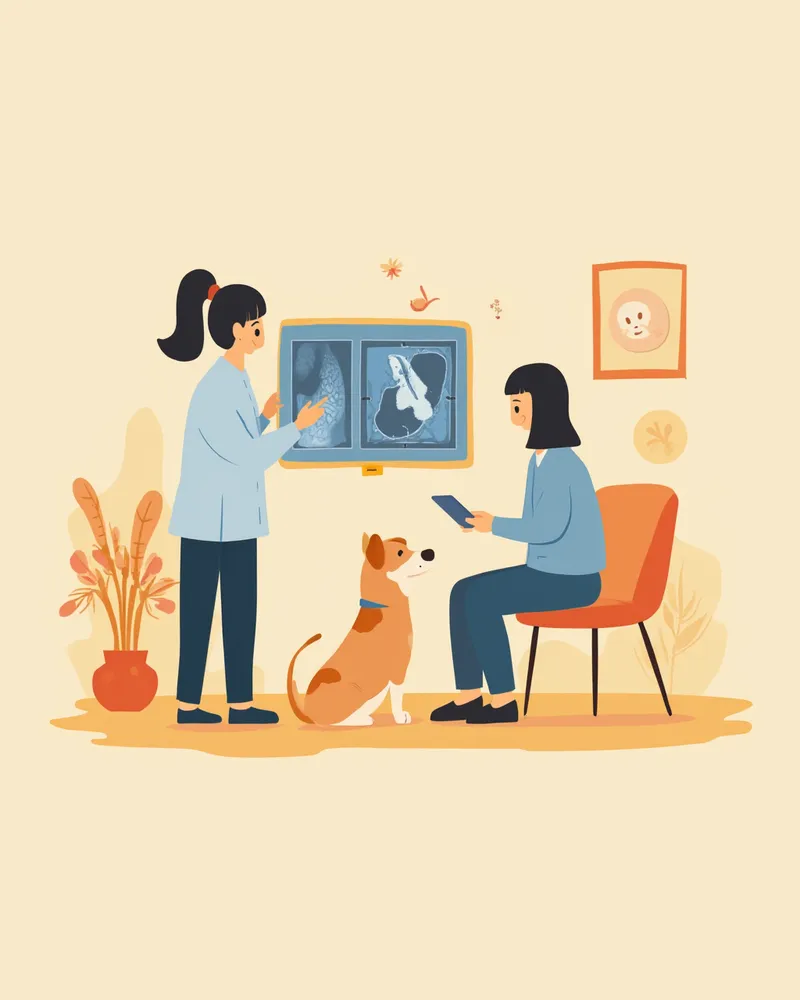 수의사와 보호자가 흑색종 치료 계획을 상담하는 모습