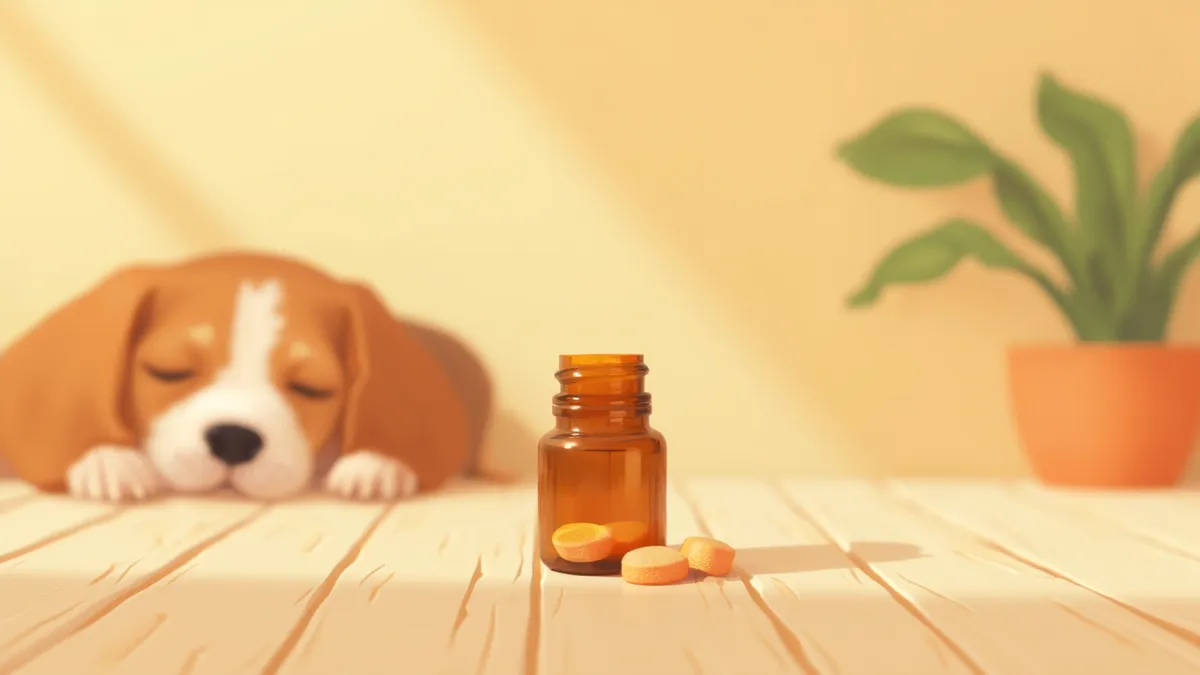 멜라토닌 보충제 병과 잠든 강아지