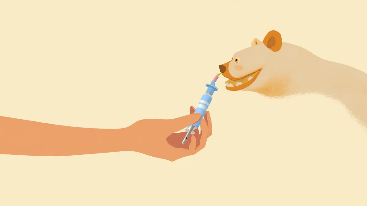 수의사가 경구용 진통제를 준비하는 모습과 골든 리트리버