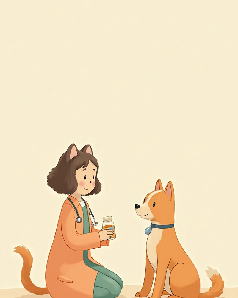 수의사와 상담하며 메티오닌 보충제를 확인하는 보호자 일러스트