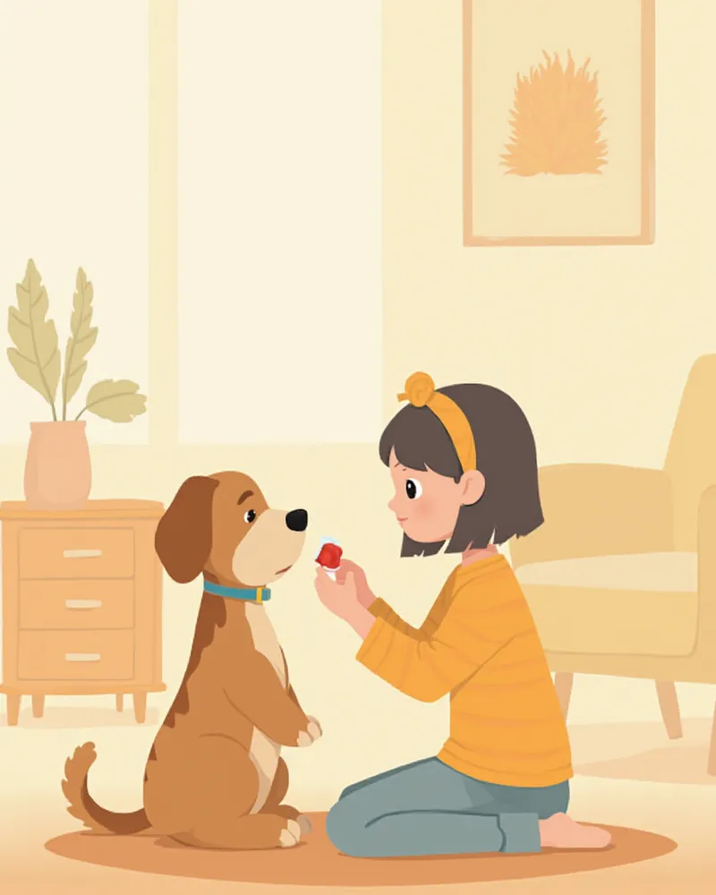 보호자가 강아지에게 약을 먹이는 모습