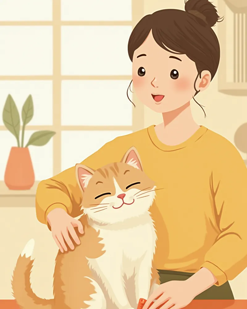 보호자가 중년 고양이를 빗질하는 모습