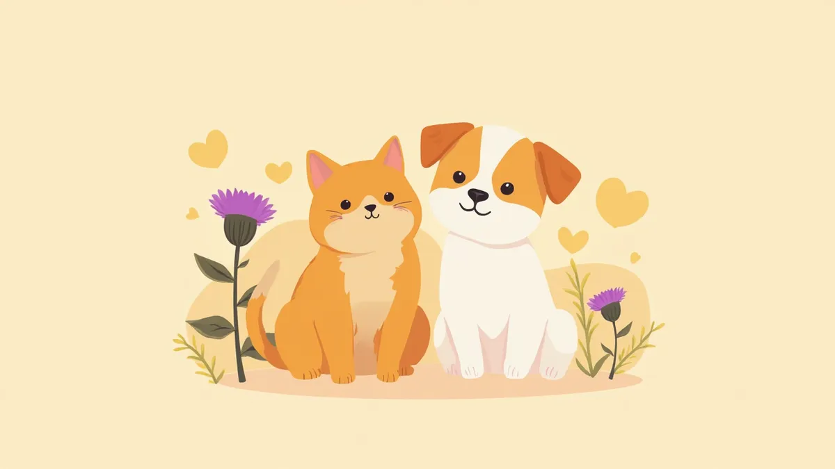 밀크씨슬 꽃 옆에 앉아 있는 강아지와 고양이 일러스트