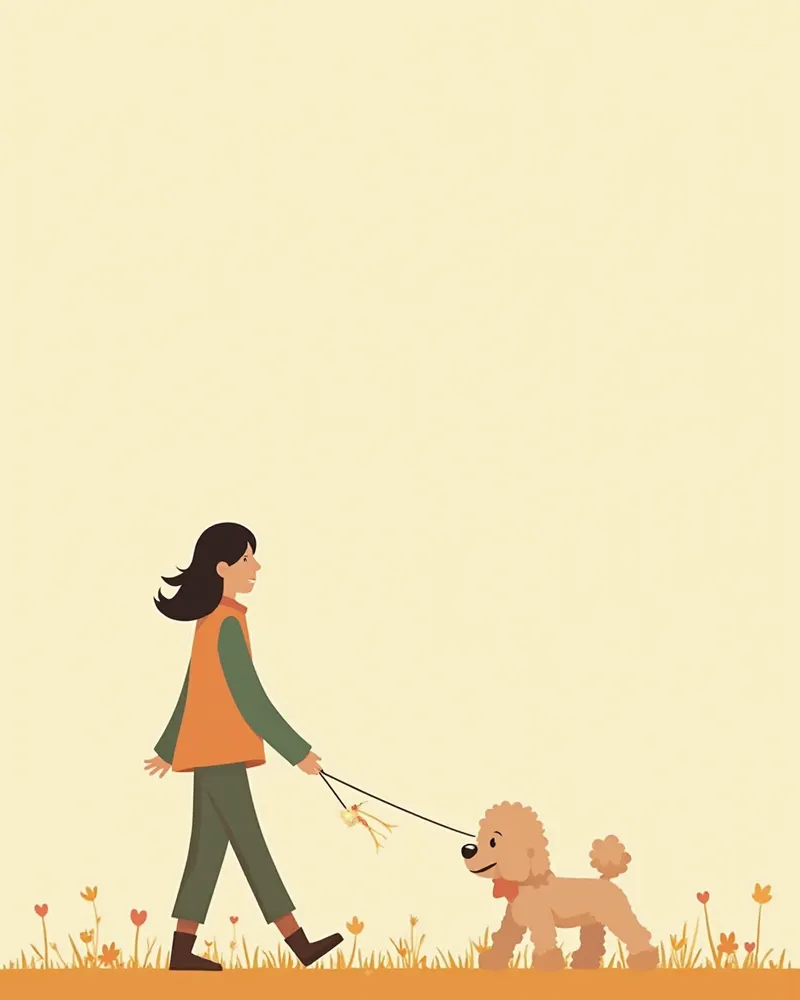 보호자와 천천히 산책하는 미니 푸들