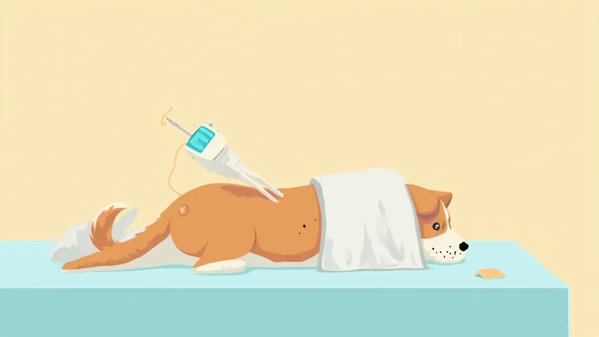 복강경 수술을 위해 작은 구멍을 낸 강아지 복부와 수술 기구