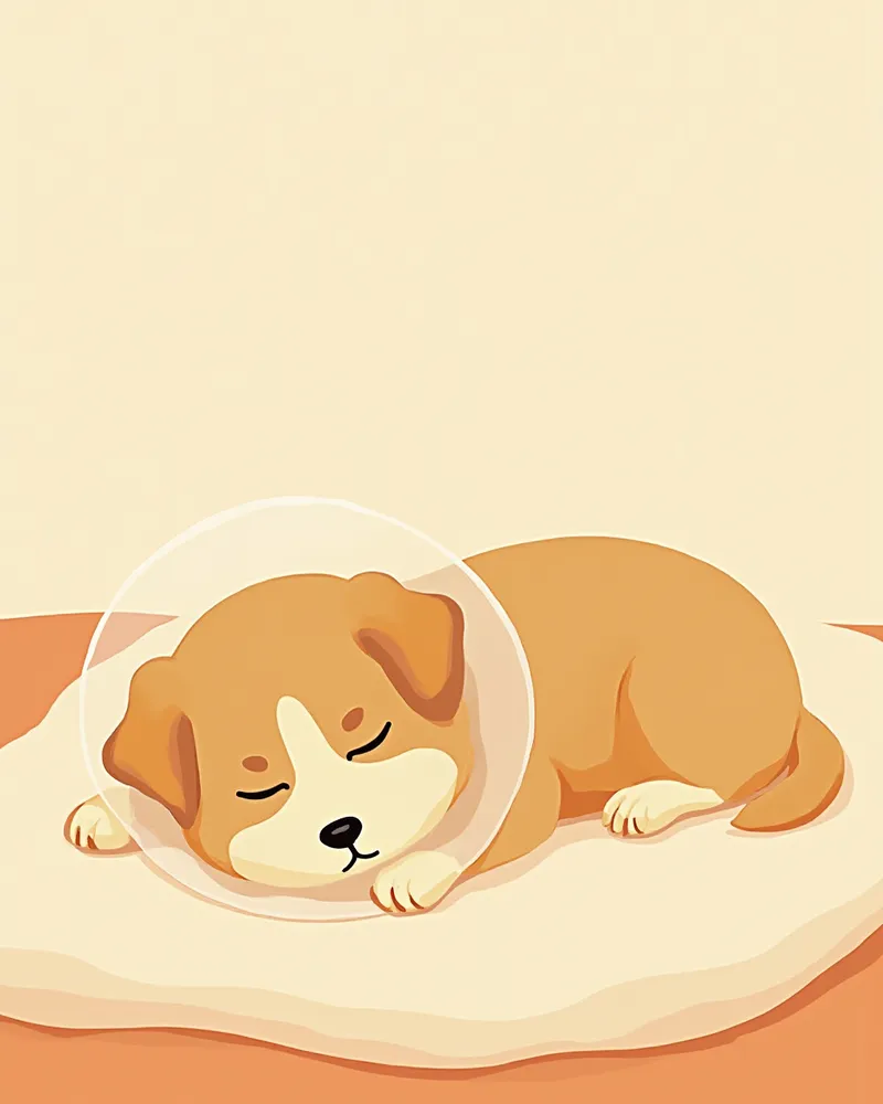 수술 후 엘리자베스 칼라를 착용하고 집에서 안정 중인 강아지