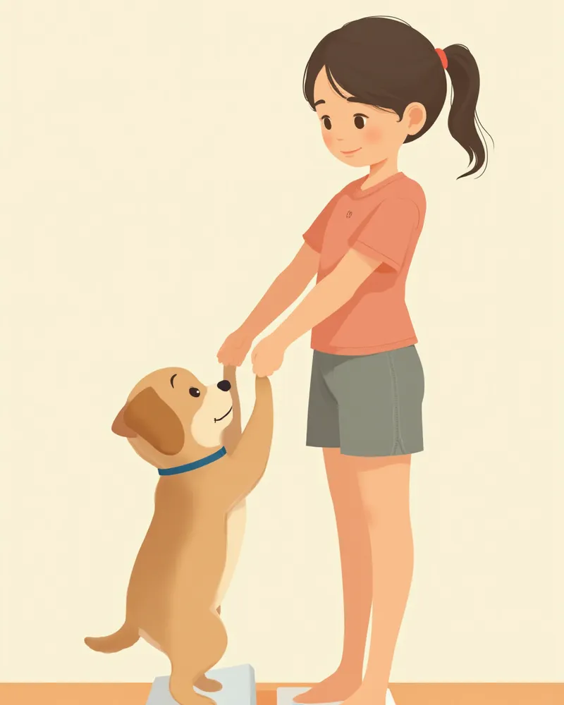 집에서 강아지를 안고 체중을 측정하는 장면