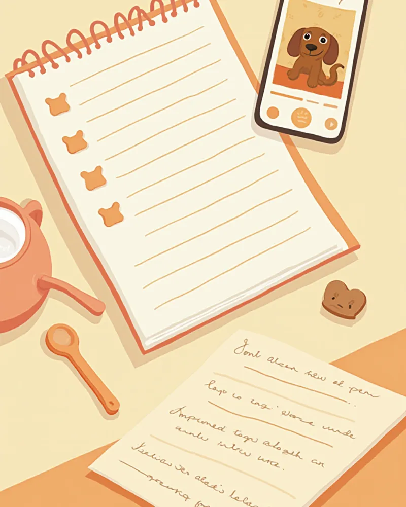 강아지 월간 점검 기록 노트와 스마트폰