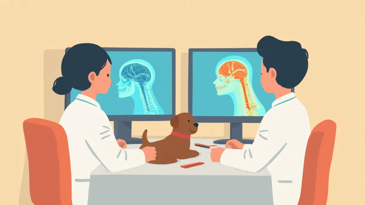 강아지 뇌와 척추의 MRI와 CT 영상을 모니터에서 비교하는 수의 영상의학 전문의