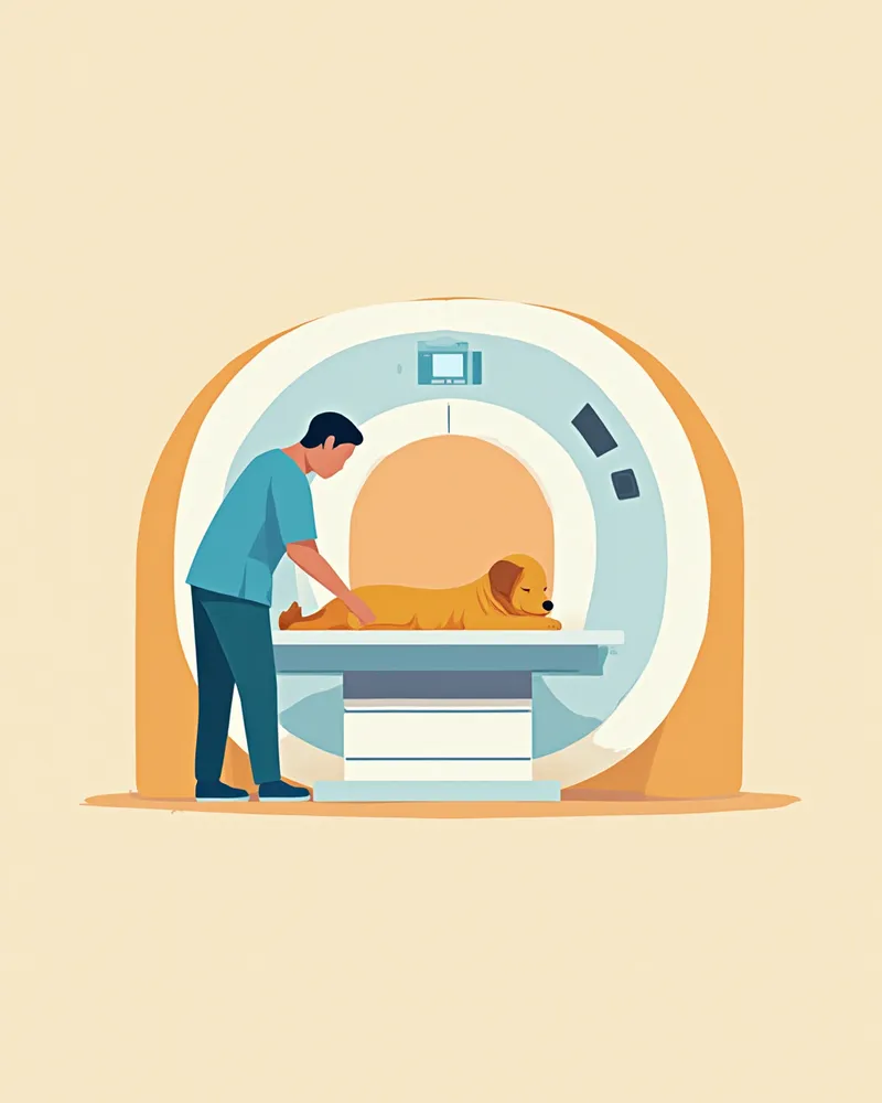 MRI 검사대에 누운 강아지를 조심스럽게 눕히는 수의사