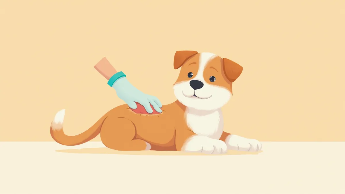 수의사가 강아지의 붉어진 피부 병변을 살피는 모습