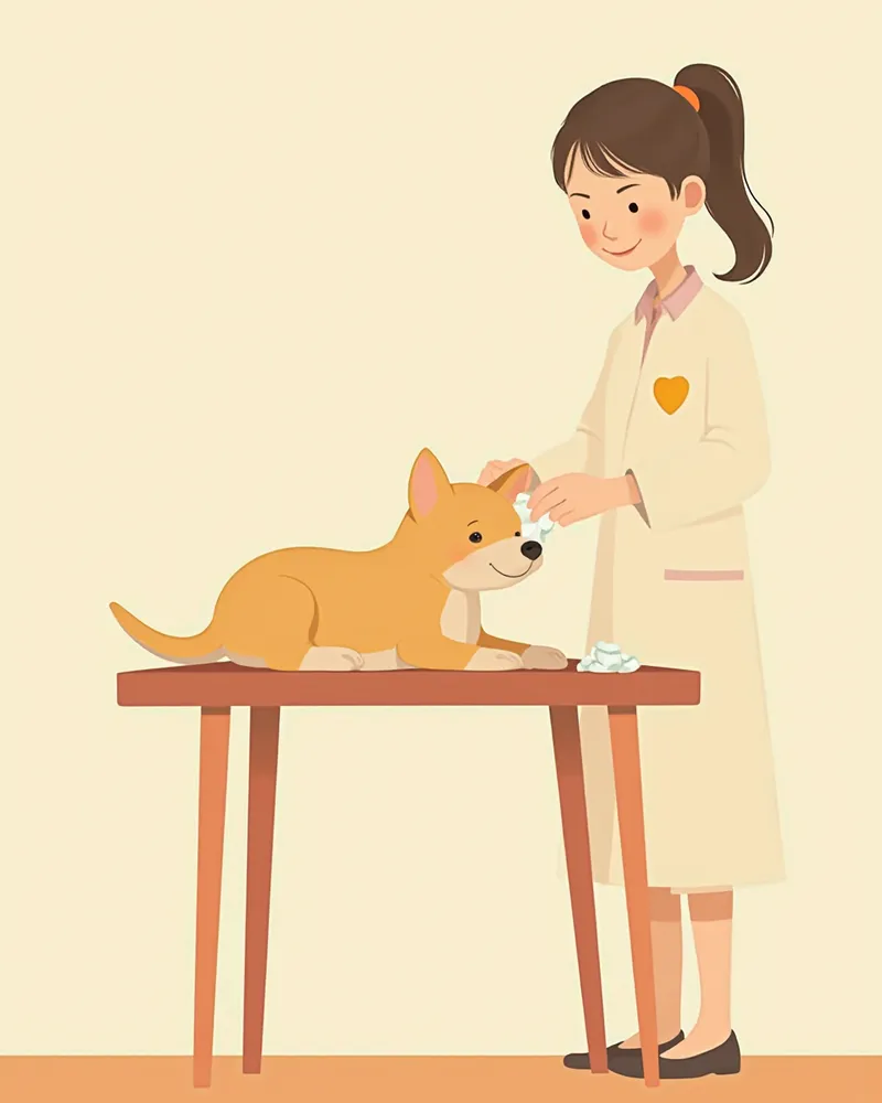 진료대 위에서 피부 상처를 소독받는 강아지