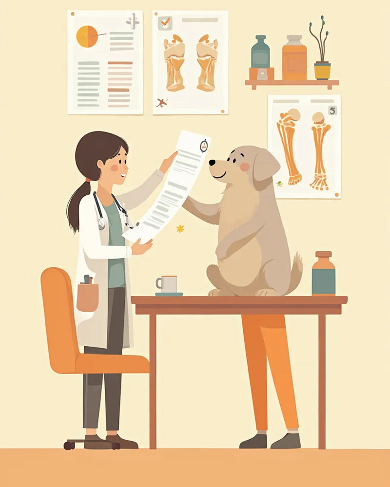 수의학 연구 자료를 확인하는 수의사와 강아지 일러스트