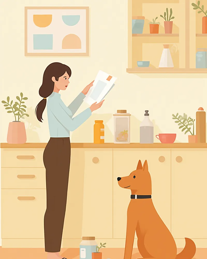 보조제 라벨을 꼼꼼히 확인하는 보호자와 강아지 일러스트