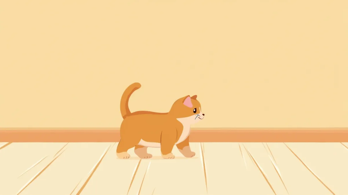 거실 바닥을 걷는 먼치킨 고양이의 전신 옆모습