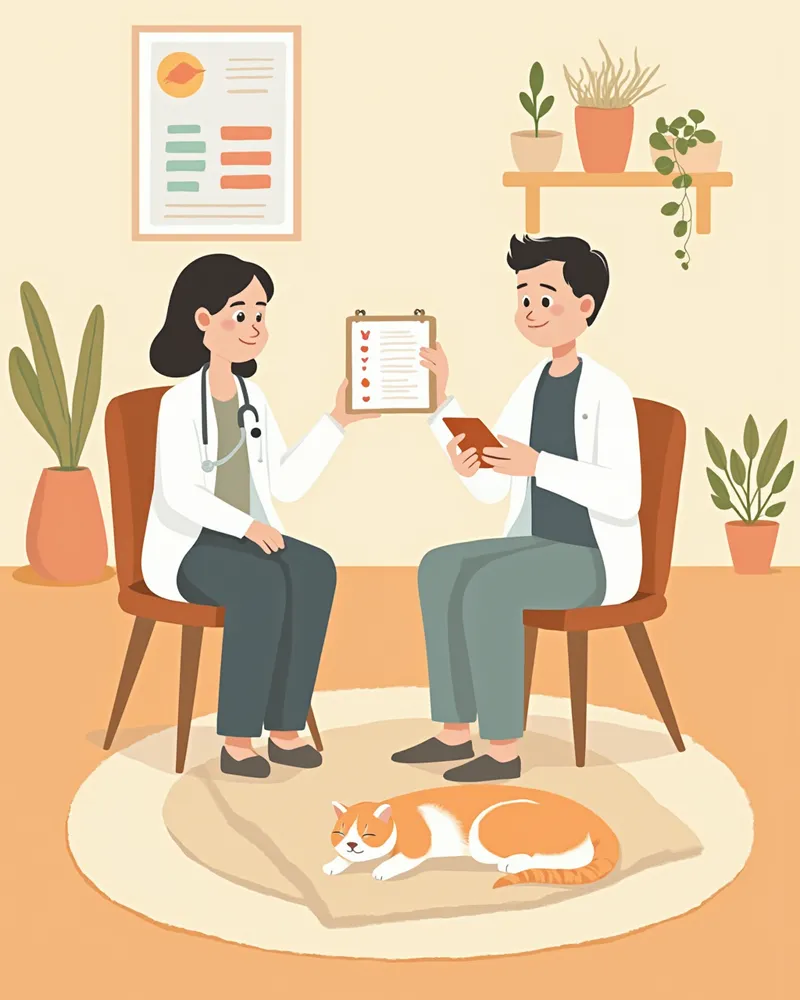 수의사가 보호자에게 통증 평가와 안락사 상담을 하는 모습