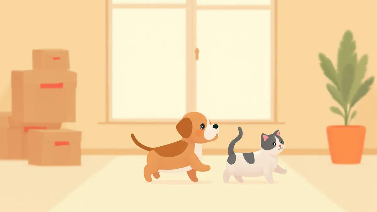 낯선 방에서 조심스럽게 주위를 살피는 강아지와 고양이