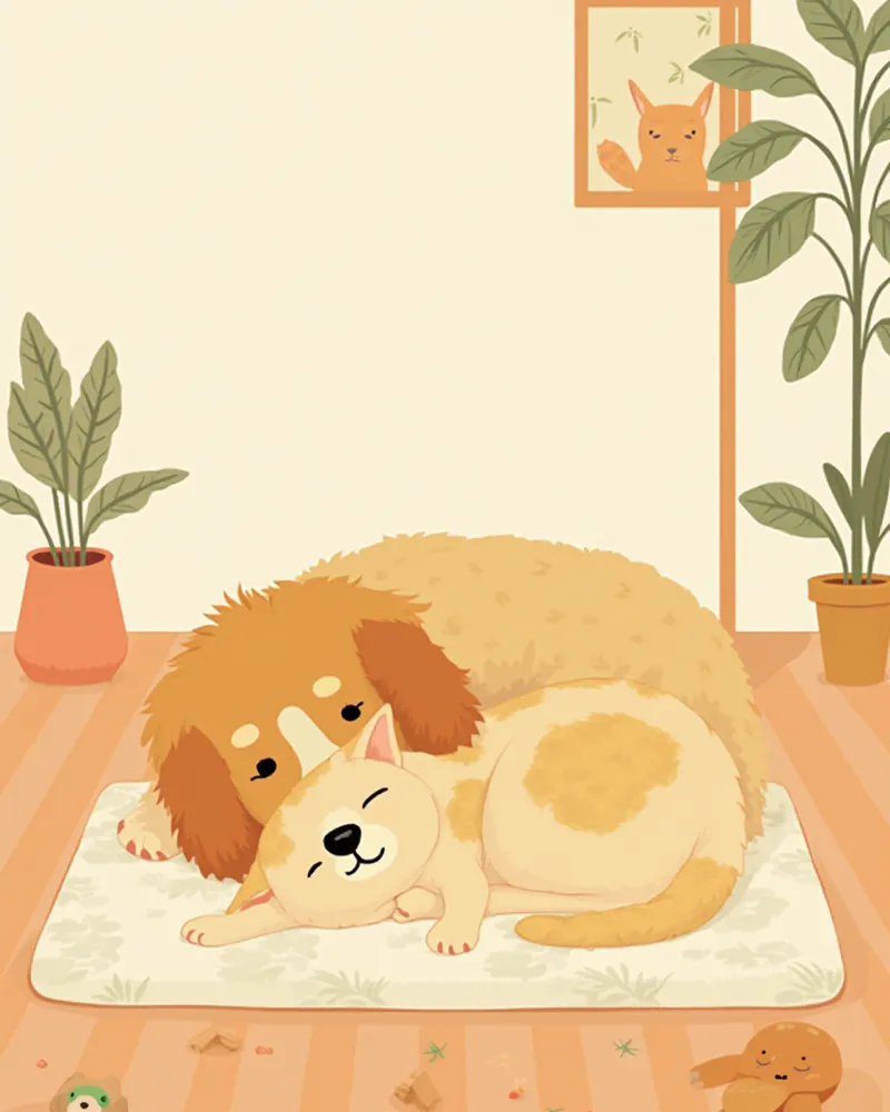 이전 집에서 쓰던 담요 위에 편히 앉아 있는 반려동물