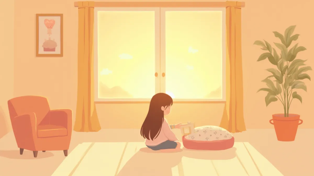 빈 반려동물 자리 옆에서 추억 사진을 바라보는 보호자의 모습