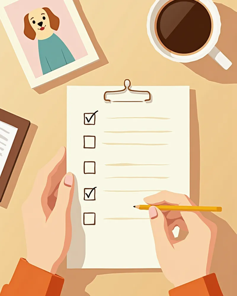 체크리스트와 반려동물 사진이 놓인 따뜻한 아침 식탁