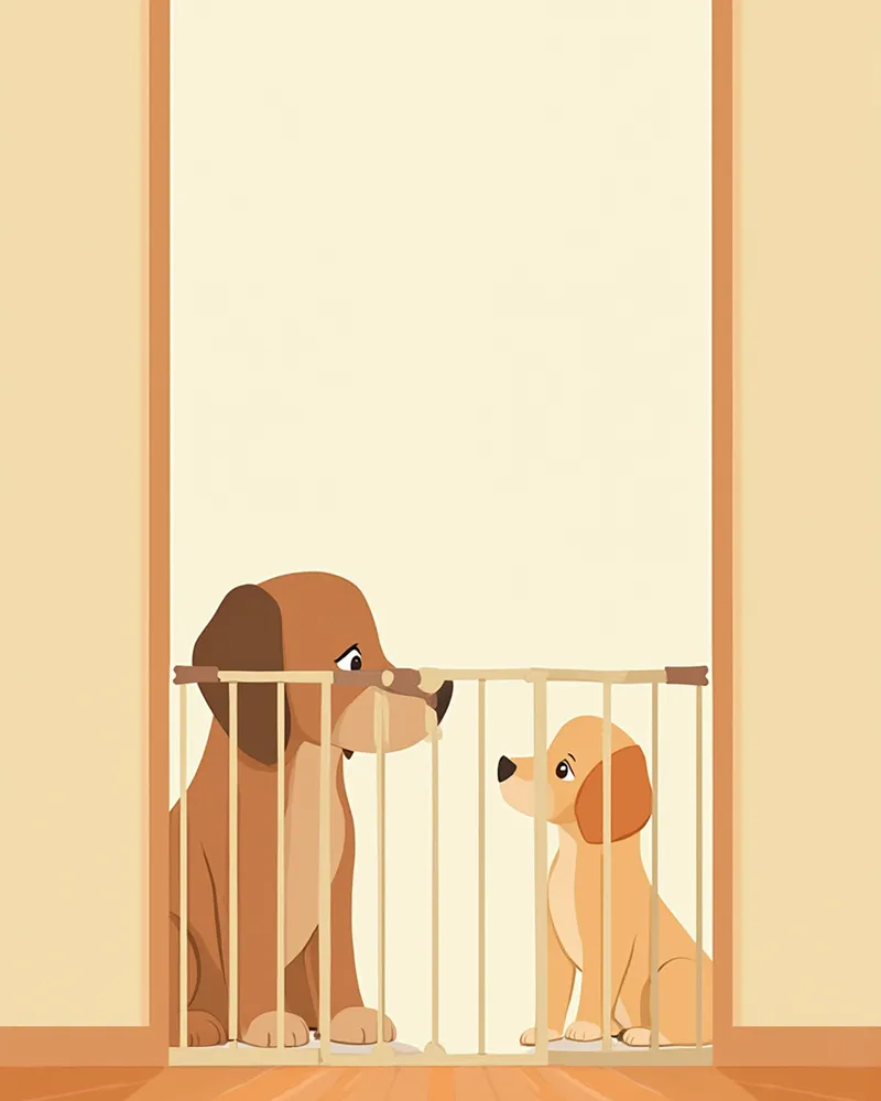 안전 게이트를 사이에 두고 천천히 인사하는 노령견과 새 강아지