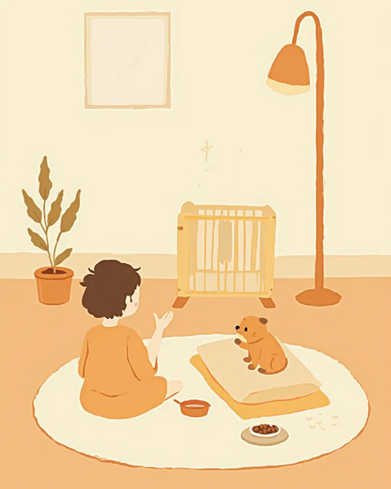 분리된 공간에서 새 환경에 적응 중인 어린 강아지와 지켜보는 보호자